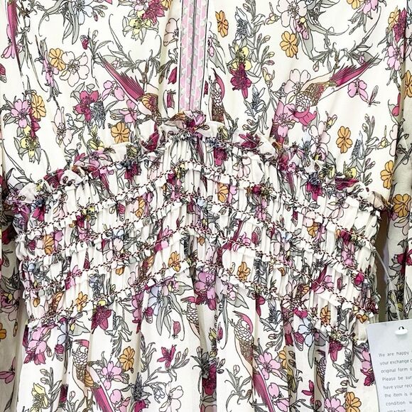 NWT Max Studio Smocked Cream Pink Floral Bird Print Mini Dress Size Medium NEW - Picture 9 of 15